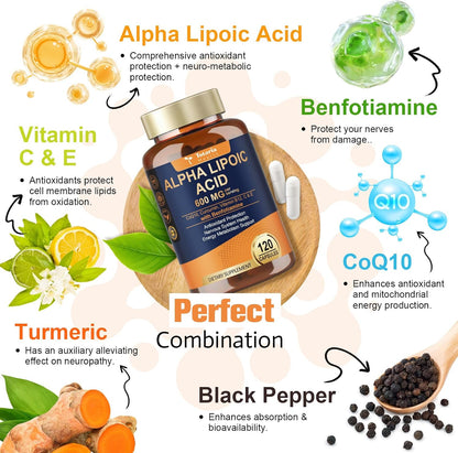 Alpha Lipoic Acid 600mg with Benfotiamine 300mg - ALA Supplement for Antioxidant, Nerve Health, Energy & Metabolism Support, Cell Energy, Neuropathy Supplement, Anti-Aging, Non-GMO, Gluten Free, Vegan
