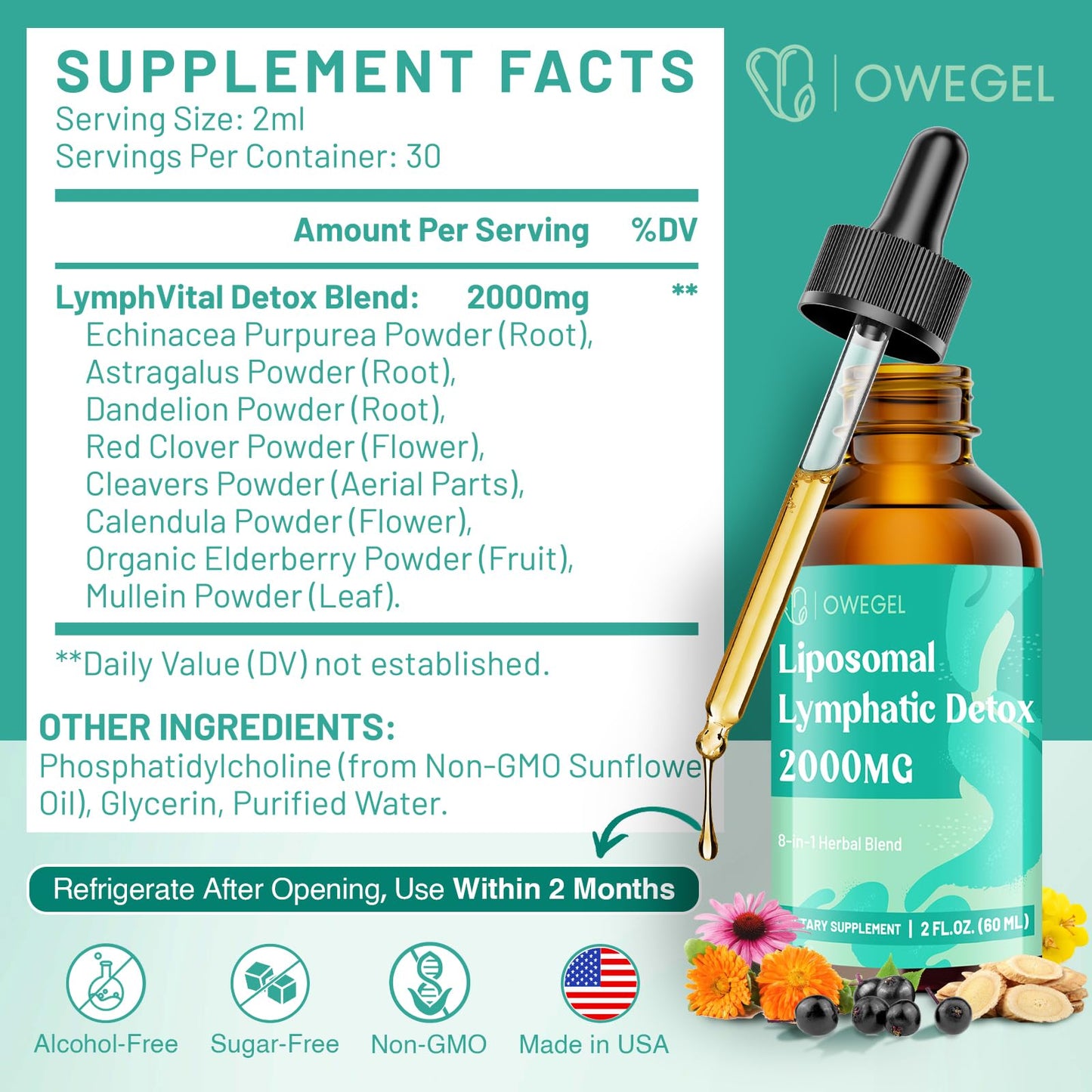 owegel Liposomal Lymphatic Drainage Drops 2000mg – Immune & Lymph System Support – Lymphatic Detox and Cleanse with Echinacea, Red Clover, Dandelion & Cleavers – Sugar-Free, Alcohol-Free – 2 FL OZ owegel buy supplements Au