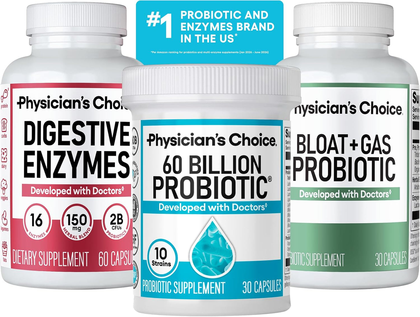 Physician's CHOICE Gut Guardian Bundle: 60 Billion Probiotic 30ct + Bloat & Gas Probiotic 30ct + Digestive Enzymes 60ct
