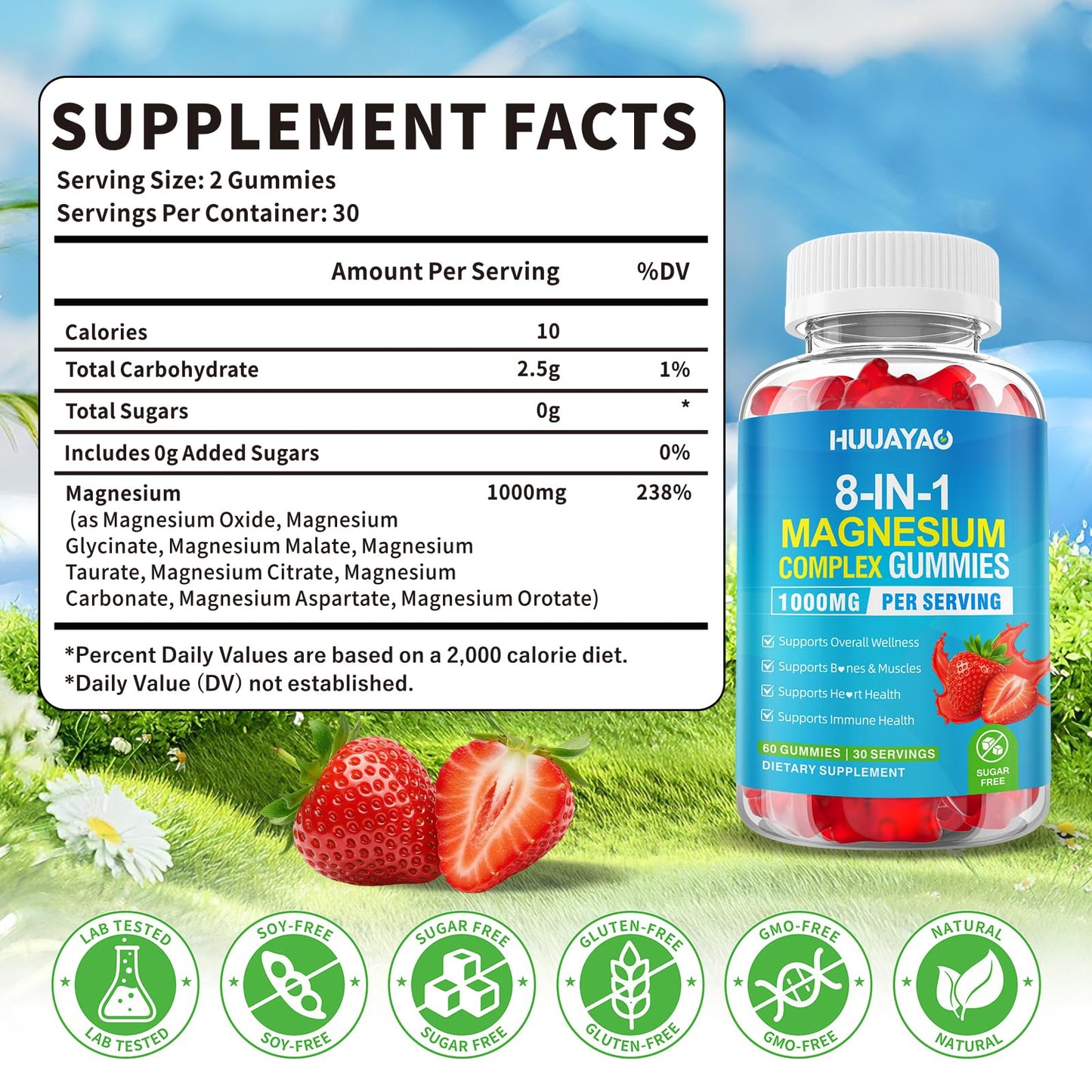 Magnesium Complex Gummies for Women Men 8 in 1, Magnesium Glycinate, Citrate, Malate, Taurate, Supports Bones, Muscle, Nerve Health, Sugar-Free, Vegan Non-GMO, Strawberry Flavor, 120 Count HUUAYAO buy supplements Au