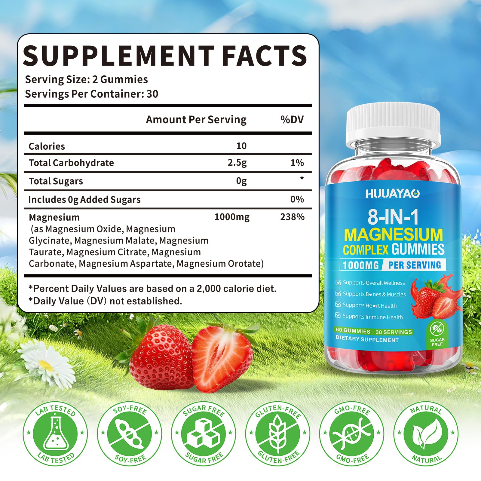 Magnesium Complex Gummies for Women Men 8 in 1, Magnesium Glycinate, Citrate, Malate, Taurate, Supports Bones, Muscle, Nerve Health, Sugar-Free, Vegan Non-GMO, Strawberry Flavor, 120 Count HUUAYAO buy supplements Au