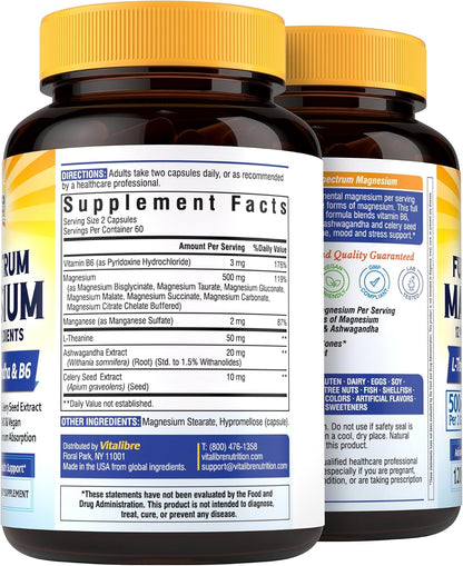 Vitalibre Magnesium Complex 500mg for Women Men, 120 Vegan Capsules | with Ashwagandha, L-Theanine, Vitamin B6 & Celery, High Absorption Magnesium Glycinate, Citrate, Malate, Sleep & Bone Support