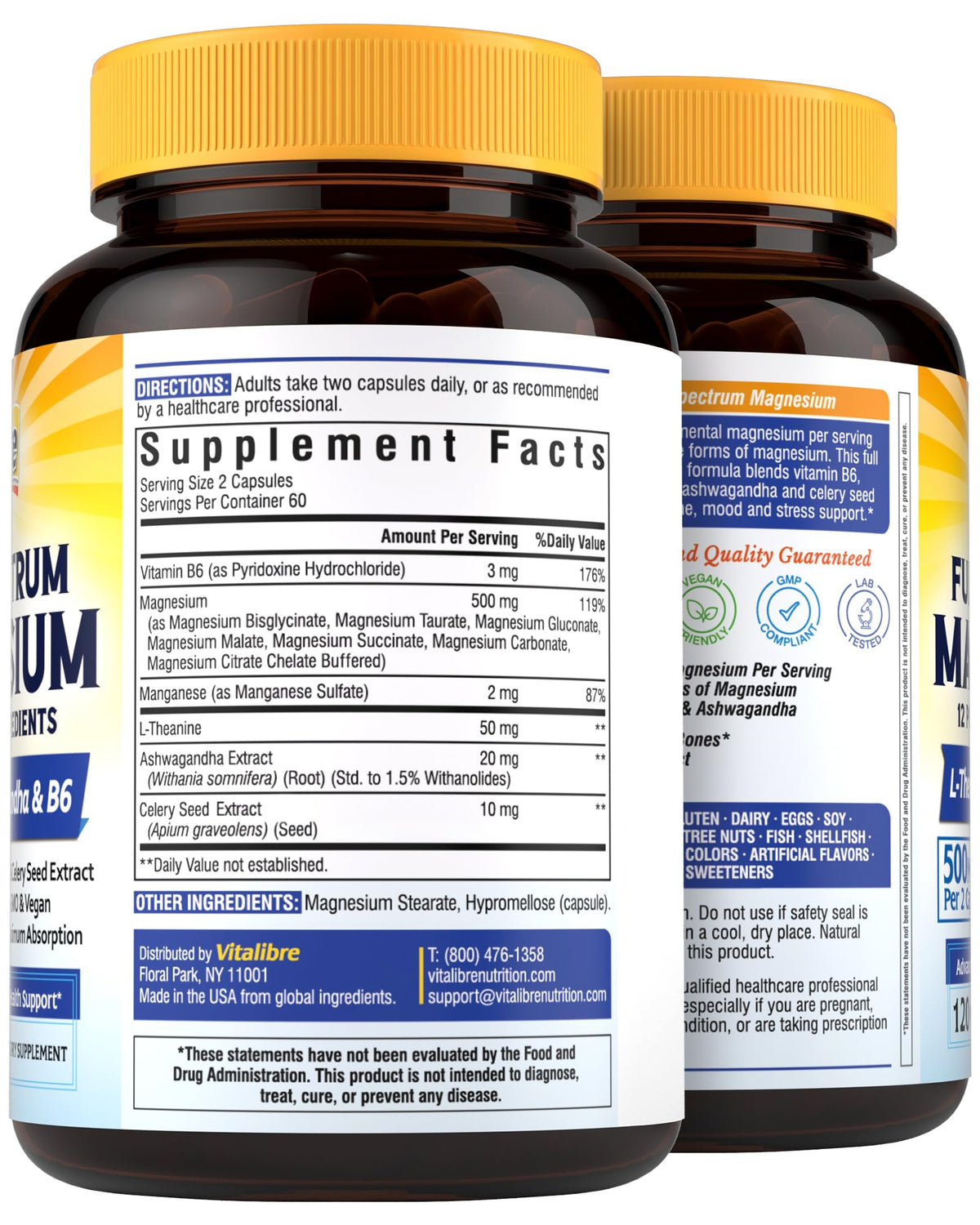 Vitalibre Magnesium Complex Supplement 500mg + Ashwagandha, L-Theanine, Vitamin B6 & Celery, High Absorption Magnesium Glycinate, Citrate, Malate, Sleep & Bone Support, 120 Vegan Capsules Vitalibre buy supplements Au