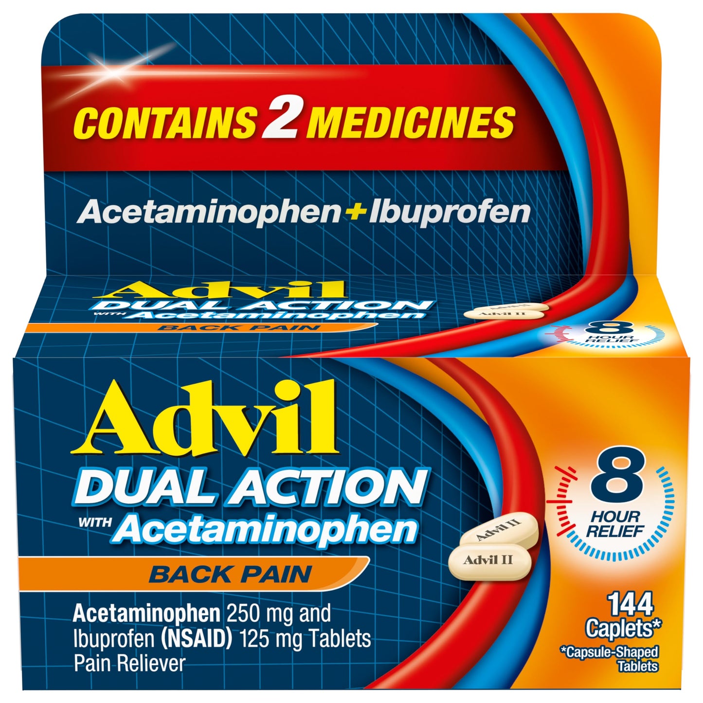 Advil Dual Action Back Pain Caplets Delivers 125mg Ibuprofen and 250mg Acetaminophen Per Dose for 8 Hours of Back Pain Relief - 144 Count Advil buy supplements Au