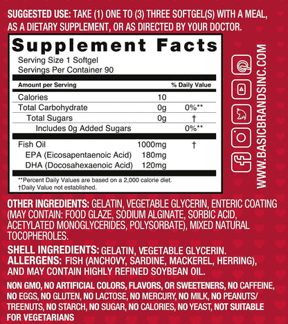 Basic Brands Smart Heart Odorless Omega-3 Fish Oil, Burp-Less, No Fishy Smell, 1000 mg, 90 Count | EPA DHA, Burpless, Heart Brain Joint, 90 Softgels