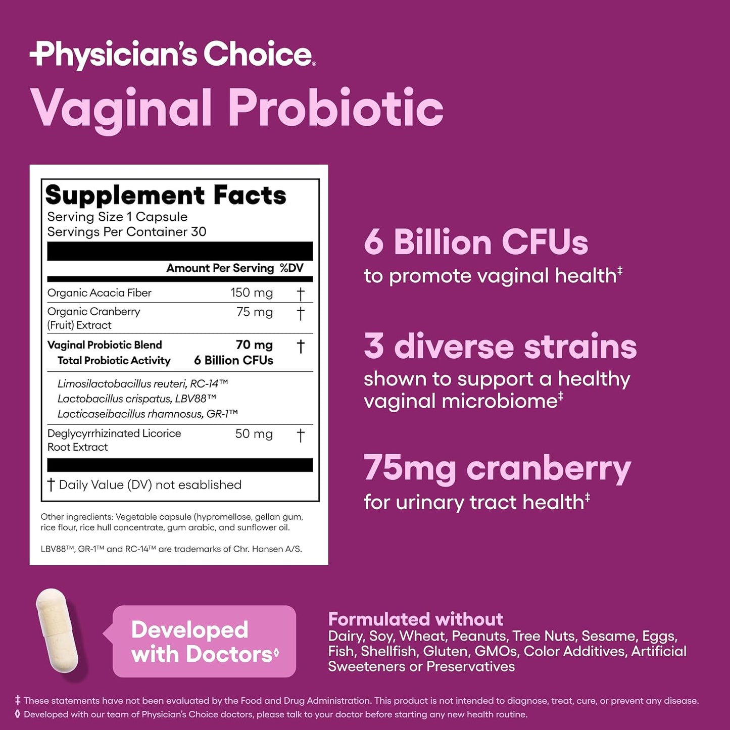 Physician's CHOICE Vaginal Probiotics for Women, pH Balance & Odor, 30ct | Supports Odor Control, Vaginal Flora, Yeast Balance & Feminine Health, 6B CFU, Organic Prebiotics, Cranberry Extract
