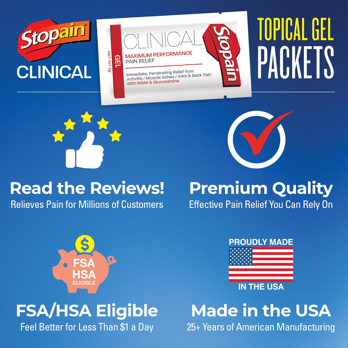 Stopain Pain Relief Clinical Gel Packets, Made in USA, Maximum Performance Pain Relief with 10% Menthol Plus Glucosamine for Muscle Aches, Joint Pain, and Arthritis (100 Pack) StopainBuy Supplements Australia