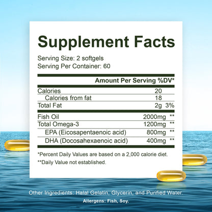 Noor Vitamins Halal Fish Oil, Halal Vitamins, Ultra Omega 3 Wild Peruvian Fish (800 mg EPA & 400 mg DHA) Heart, Brain & Joint Support, Non-GMO and Gluten Free (120 Count) Noor Vitamins buy supplements Au