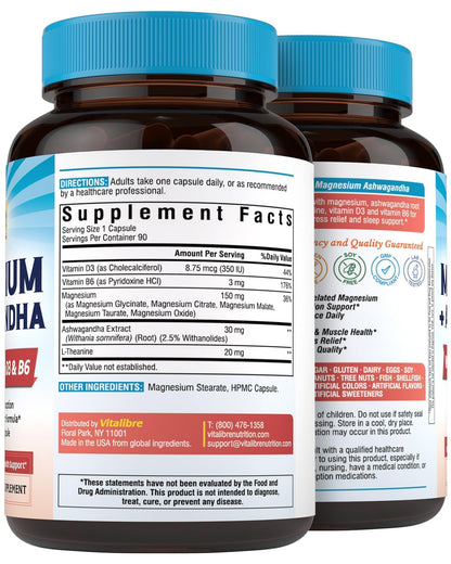Vitalibre Magnesium Complex with Ashwagandha & L-Theanine - Stress Relief, Bone & Relaxation Support - w/Vitamin D3, B6 - Glycinate, Citrate, Malate, Taurate - 90 Vegan Capsules, Non-GMO, Gluten Free Vitalibre buy supplements Au