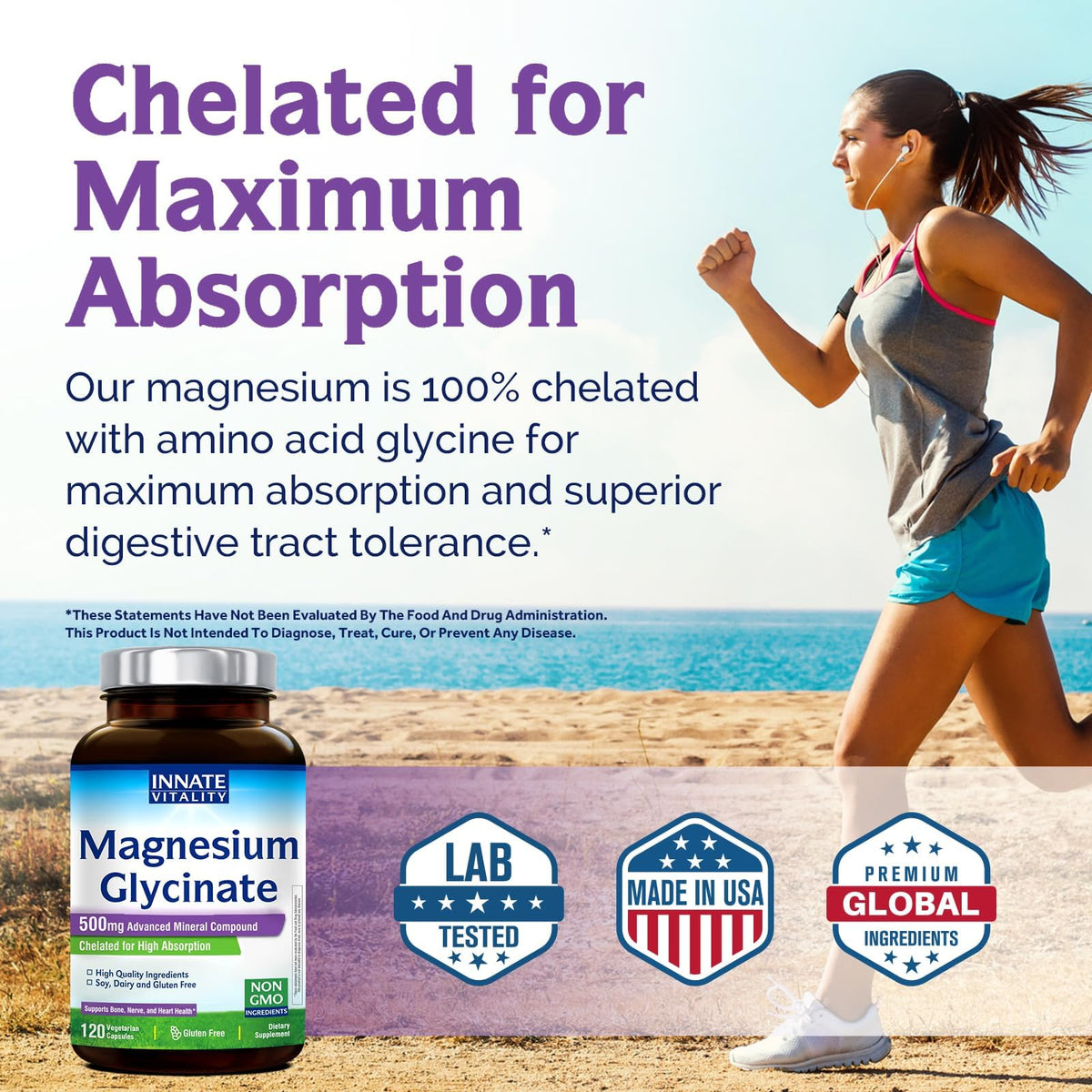 Innate Vitality Magnesium Glycinate 500mg | 70mg Elemental Magnesium Supplement - High Absorption, Non Buffered, Non-GMO & No Gluten - Vegan - Nerve Health - 120 Capsules (Pack of 1) Innate VitalityBuy Supplements Australia