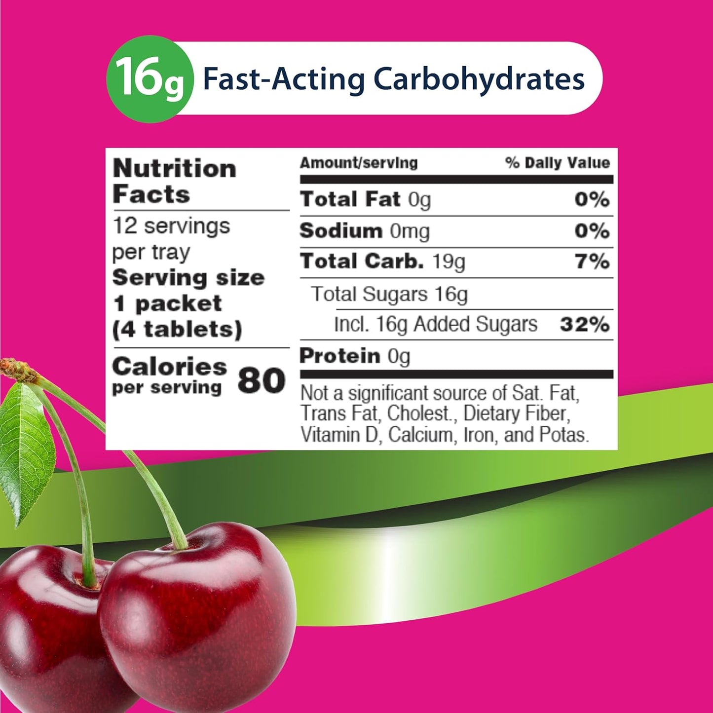 TRUEplus Soft Tabs Glucose Tablets, Cherry Pop Flavor, 4 Count, 12 Packs | Chewable Tablets, 16g Fast-Acting Carbohydrates, Fat Free, Gluten Free, Boosts Energy, Great Tasting and Easy to Use