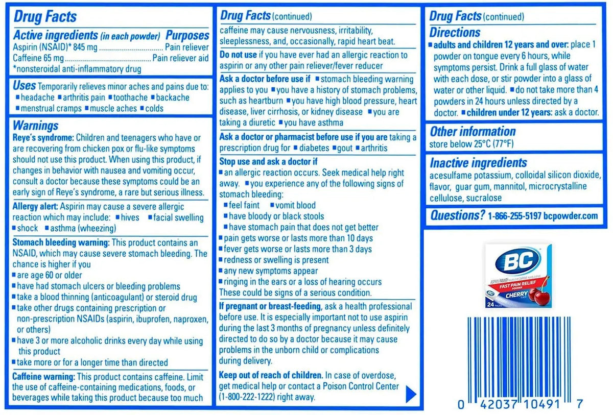 BC Powder Pain Reliever, Cherry Flavor Aspirin Dissolve Packs, 24 Count Powder Packets (6 Pack) BCBuy Supplements Australia