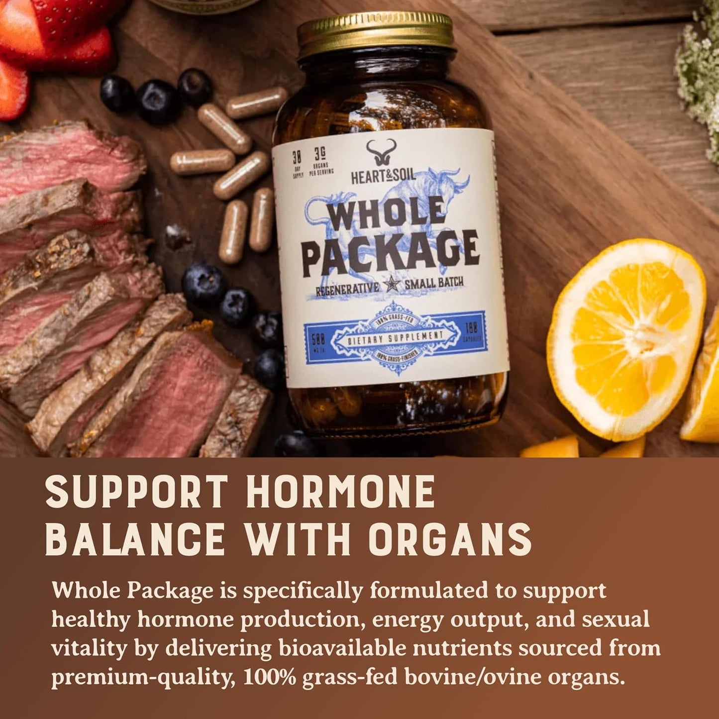 HEART & SOIL Whole Package Supplement, 180 Capsules | 100% grass fed & finished testicle, liver & blood extract for male reproductive wellness, hormonal health & energy output.