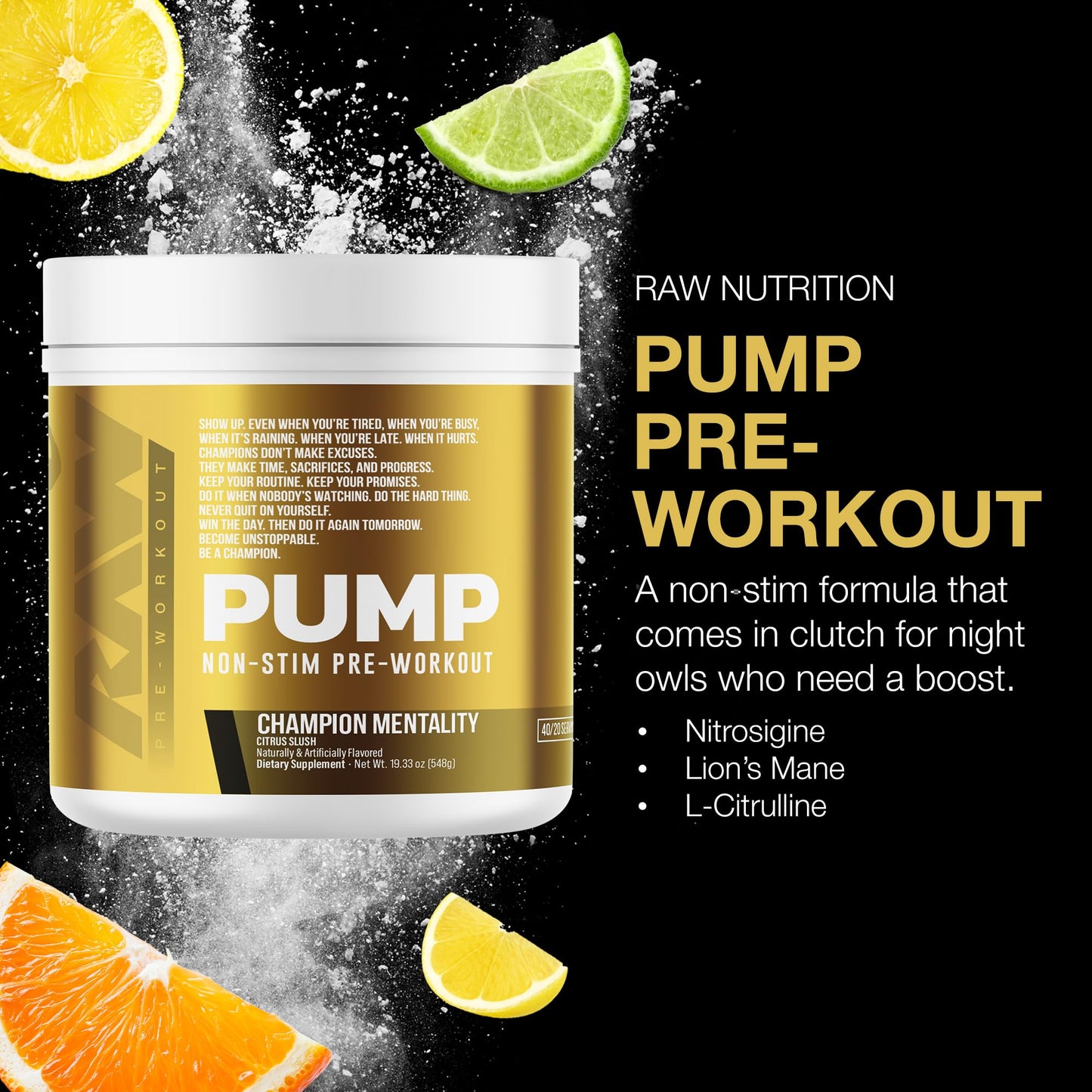 RAW Pump Stim Free Pre Workout (Watermelon) - Non-Stimulant Pre Workout Supplement Powder Nitric Oxide Booster - Pre Workout Supplements Drink for During Workout - 40 Servings