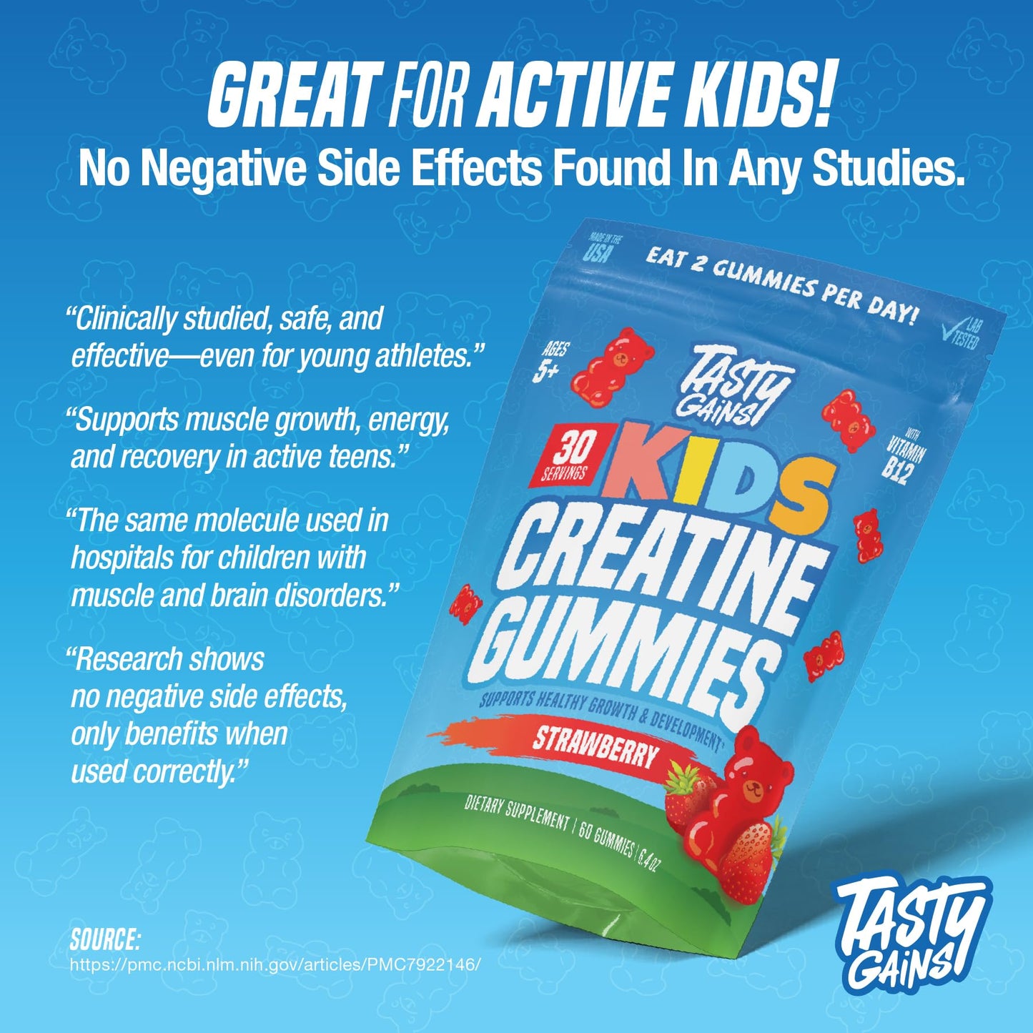 TASTY GAINS Kids & Teen Creatine Gummies with Vitamin B12 for Growth Support, Easy Chew Daily Supplement, Gummy Vitamins for Kids and Teens, Ages 5+ TASTY GAINS buy supplements Au