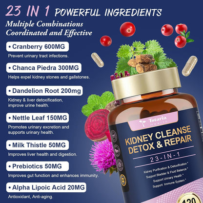 Kidney Cleanse Detox & Repair, Advanced Kidney Support Supplement - Cranberry & Chanca Piedra Pills for Bladder Control, Urinary Pain Relief, Cranberry Urinary Tract Health, Kidneey Stones Dissolver