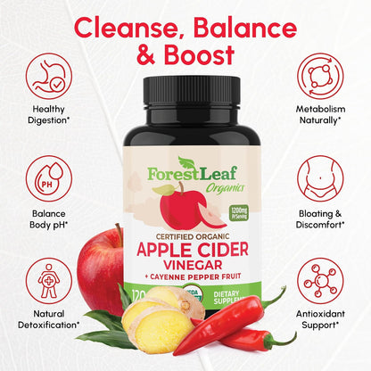 USDA Organic Apple Cider Vinegar Capsules with Mother, 1200 mg | Vegan & Non-GMO | Apple Cider Vinegar Pills with Cayenne Pepper & Ginger Root | 120 Caps