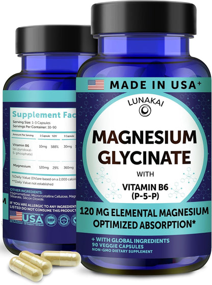 Lunakai USA Made Pure Magnesium Glycinate Capsules 120mg Elemental with B6 (P-5-P) – High Absorption Magnesium Supplement for Women & Men - Daily Sleep & Muscle Support, Non-GMO, 90ct
