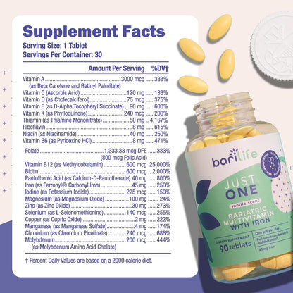 Bari Life Just One, Once Daily Bariatric Multivitamin with Iron (90 Tablets) and BariBurst Calcium Citrate Soft Chews for Gastric Bypass, Gastric Sleeve and Duodenal Switch (Sour Grape)