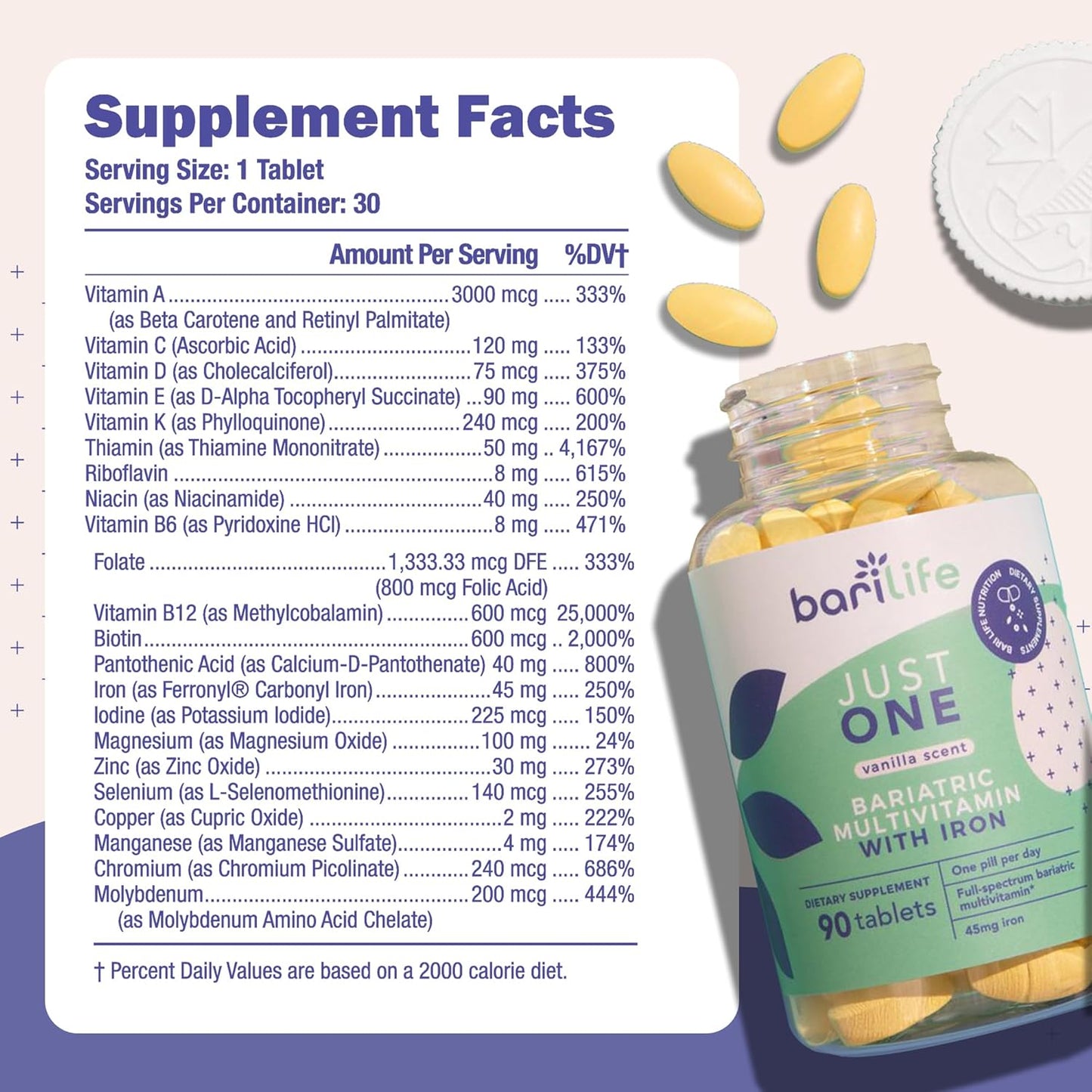 Bari Life Just One, Once Daily Bariatric Multivitamin with Iron (90 Tablets) and BariBurst Calcium Citrate Soft Chews for Gastric Bypass, Gastric Sleeve and Duodenal Switch (Fruit Punch)