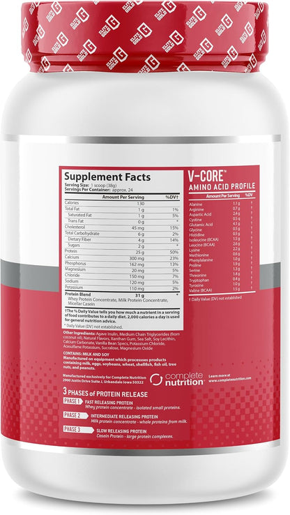 V-Core Protein Powder, Protein Powder, Keto, Vanilla, Whey Protein, High Protein, Casein Protein, 25g Protein, 12g EAAs, 6g BCAAs, 2 lb Tub (23 Servings)