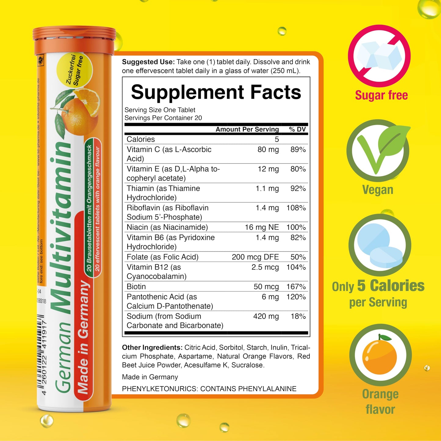 T&D German Multvitamin 10 Vitamins - 100 Vegan Drink Effervescent Tablets - Orange Flavor - Made in Germany T&D buy supplements Au