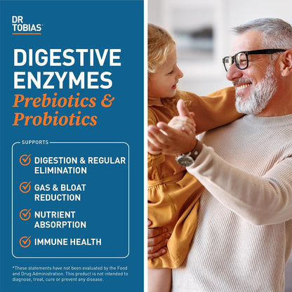 Dr. Tobias Digestive Enzymes + Prebiotics & Probiotics 60 Capsules | Digestion & Gut Support | Enzymes + Prebiotics + Probiotics + Postbiotics | Bromelain, Amylase & Lipase | 30 Servings