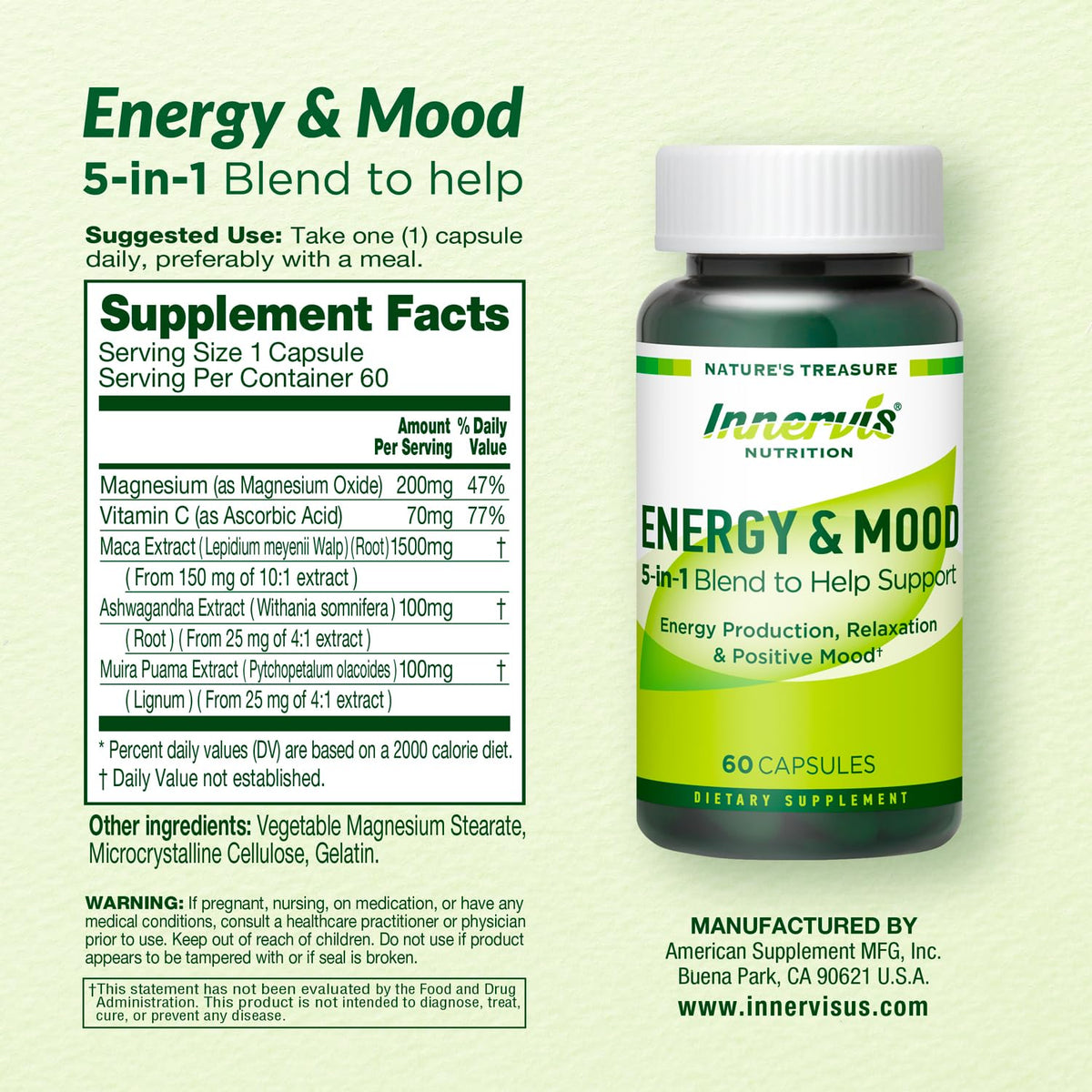 Caffeine Free Natural Energy Boost with Ashwagandha, Maca & Magnesium - Support Stress Relief, Focus & Mood - 60 Capsules by Innervis Nutrition INNERVISNUTRITION buy supplements Au