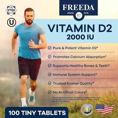 FREEDA Vitamin D2 2000 IU for Bone & Immune Support – Vegan, 100 Tablets | Supports Bone, Teeth & Muscle Function, Tiny Easy-to-Swallow Tablets, Ergocalciferol Supplement, Kosher, Made in USA
