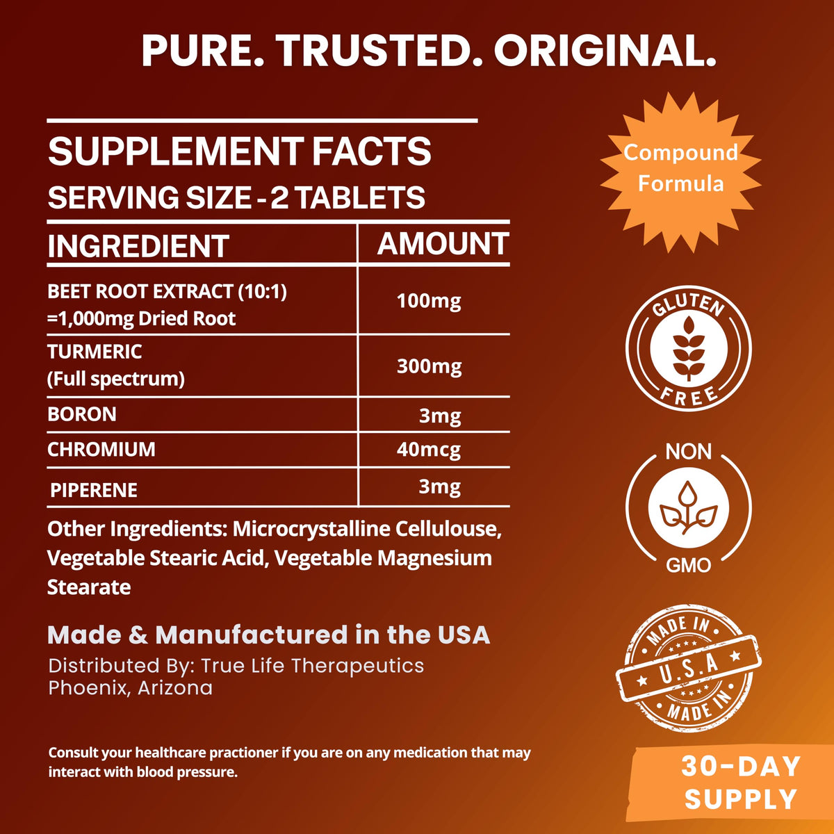 Body Support Tablets – Beet Root Extract, Turmeric Boron & Chromium – Supports Inflammation, Circulation, Hormonal Balance & Metabolic Function – 60ct - 30 Servings True Life Therapeutics buy supplements Au