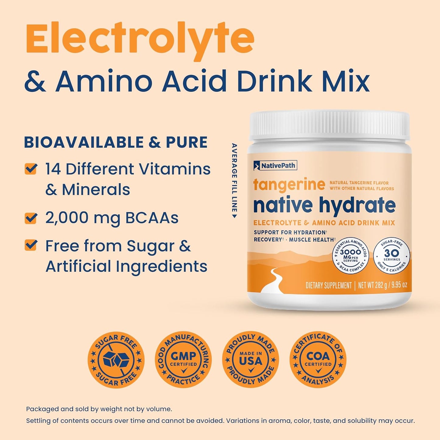NativePath Hydrate Electrolyte Powder, Tangerine, 30 Servings | 14 Vitamins & Minerals, 9 Aminos & 2000mg BCAAs, Zero Sugar, Supports Hydration & Recovery, Stevia, Keto