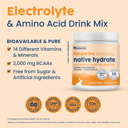 NativePath Hydrate Electrolyte Powder, Tangerine, 30 Servings | 14 Vitamins & Minerals, 9 Aminos & 2000mg BCAAs, Zero Sugar, Supports Hydration & Recovery, Stevia, Keto