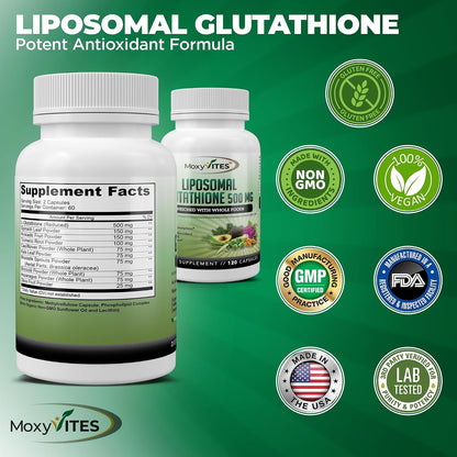 Liposomal Glutathione Supplement 500mg - Pure L Glutathione (GSH) Reduced - Active Form, Made with Organic Whole Food, Non GMO Phospholipid Complex - Antioxidant - 120 Count