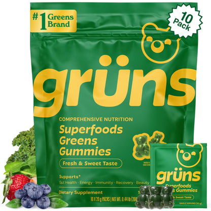 Green package of gröns Superfoods Greens Gummies with text and graphics on a white background