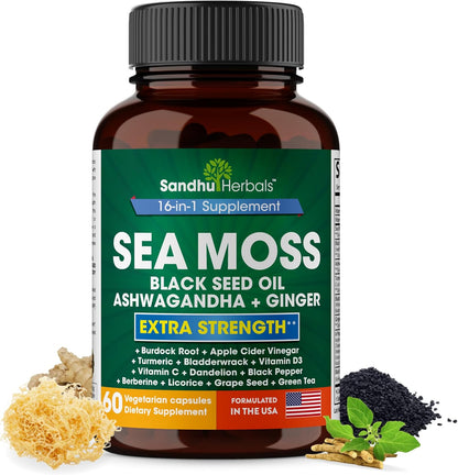 Sandhu Herbals Seamoss & Turmeric Curcumin with Bioperine Capsules | Supports Immune, Digestive, Cognitive, Skin & Hair Health
