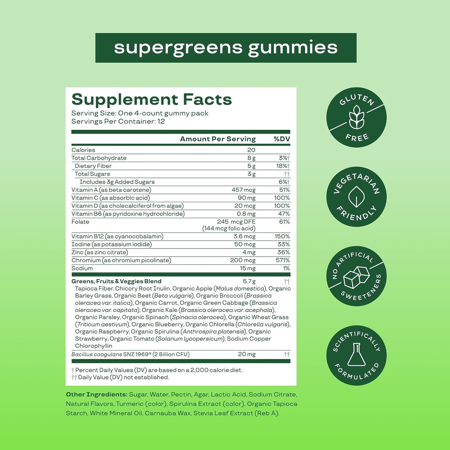 Bloom Nutrition Super Greens Gummies, Strawberry Kiwi, 12 Servings | Daily Superfood Fiber Gummies with Fruits, Vegetables, Vitamins & Minerals for Digestive & Gut Health, Bloating Support