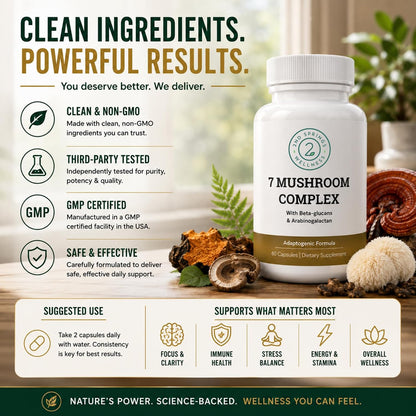 7 Organic Mushroom Complex - 7 Mushroom Supplement | Immune Support Nootropic & Adaptogenic, Lion's Mane, Chaga, Maitake, Shiitake, Reishi, Turkey Tails, Cordyceps, Capsules