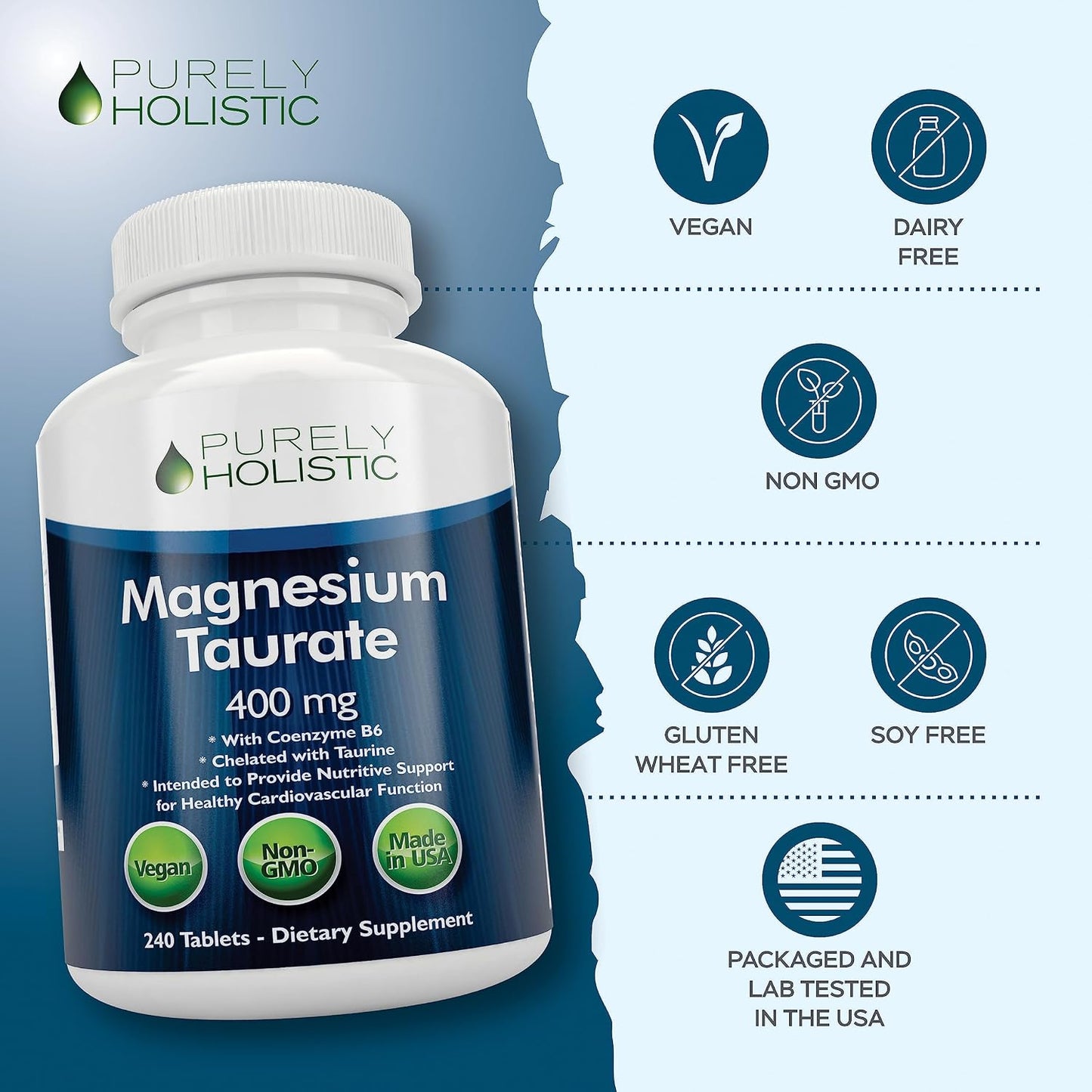 Magnesium Taurate 400MG Elemental Magnesium Per Serving, 4 Month Supply | Heart Health & Nervous System Support, High Absorption Mag Taurate Complex with Vitamin B6, Vegan & Non-GMO, 240 Tablets