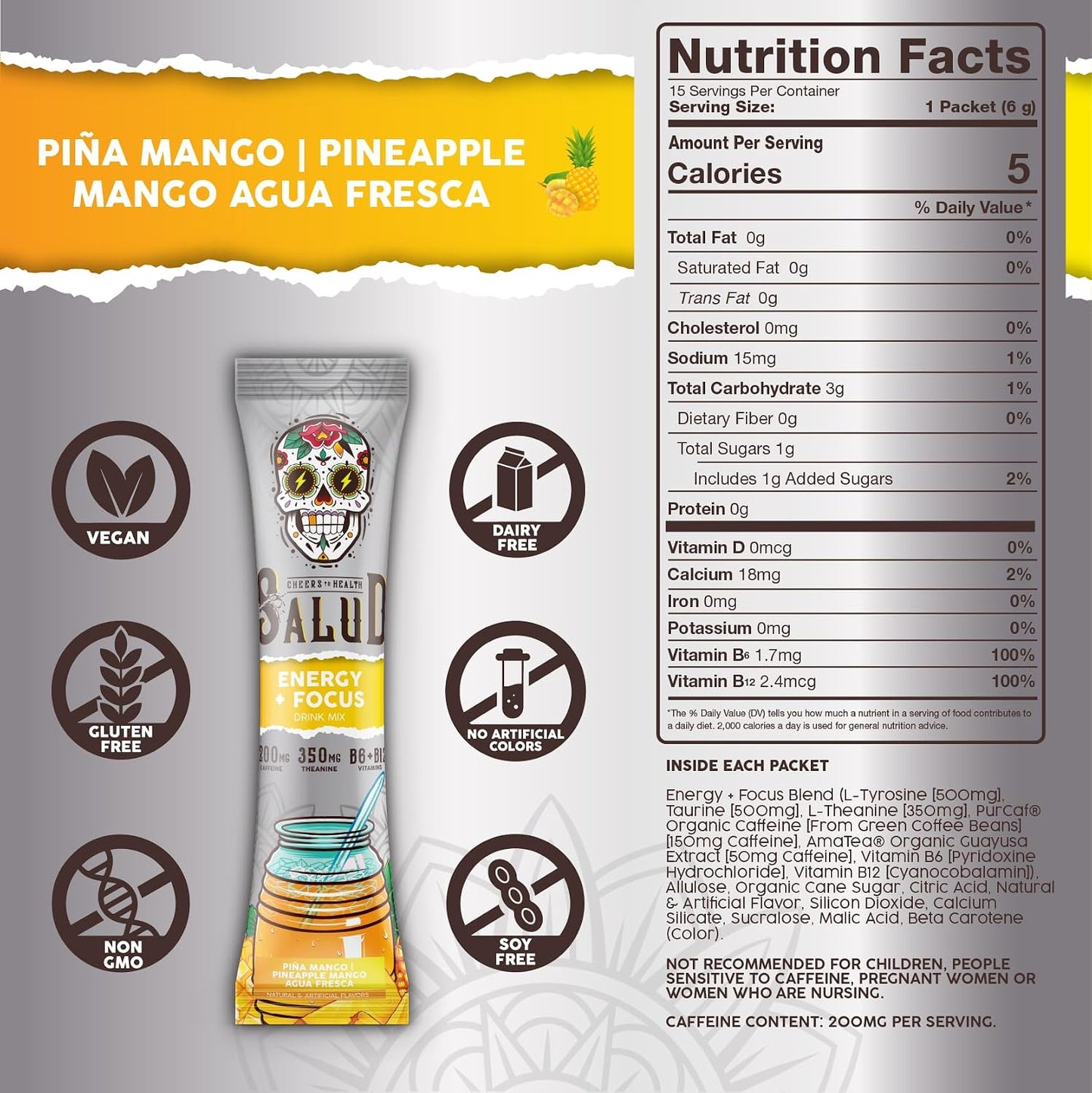 Salud 2-Pack | 2-in-1 Hydration + Immunity (Strawberry) & Energy + Focus (Pineapple Mango) – 15 Servings Each, Agua Fresca Drink Mix, Non-GMO, Gluten Free, Vegan, Low Calorie, 1g of Sugar