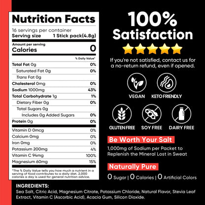 Venture Pal High Sodium Sugar-Free Electrolytes Powder Packets, 16 Sticks | Hydration Packets with Sodium, Potassium & Magnesium, Zero Calories, Keto, Vegan, and Paleo Friendly