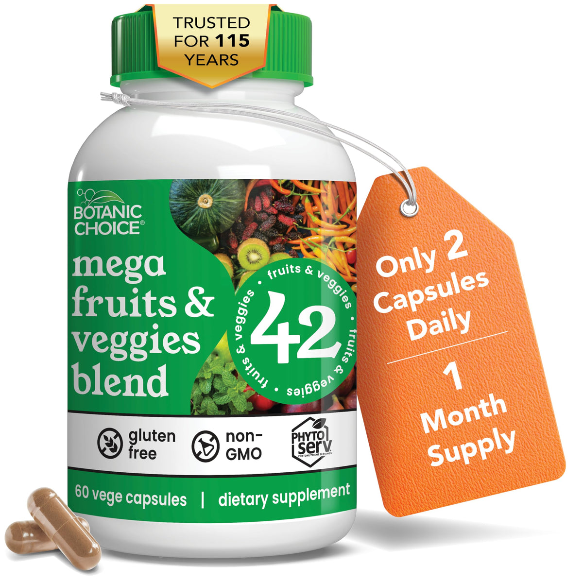 Supplement bottle labeled 'mega fruits & veggies blend' with a tag indicating daily intake and supply duration, on a white background.