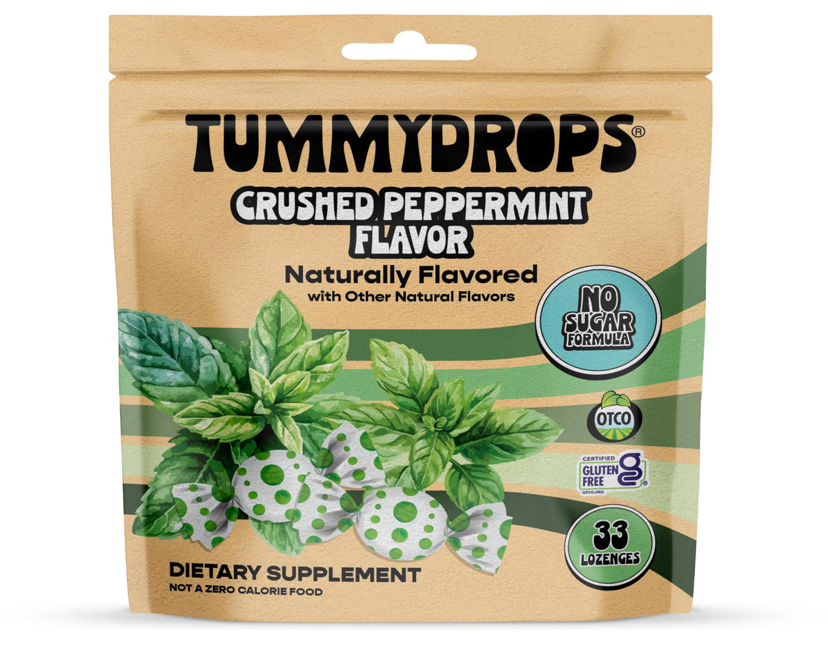 tummy drops No Sugar Crushed Peppermint Flavor, Gluten Free & Vegan, 33 Individually Wrapped Pure Peppermint Oil Lozenges Made with Organic Monkfruit