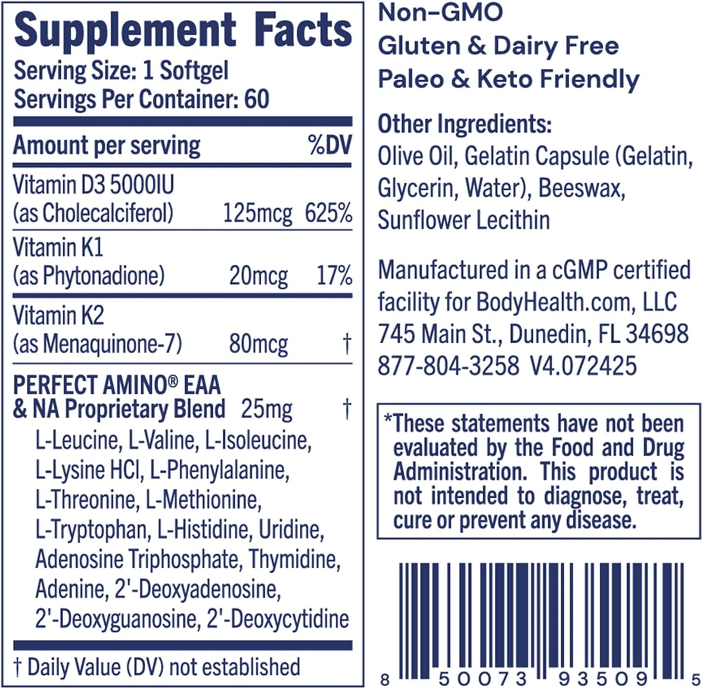 BodyHealth D3 + MK7 - Vitamin D3 5000IU, Vitamin K1, Vitamin K2 - Easy to Swallow Supplement, Supports Bone Strength & Calcium Absorbtion* - 60 Softgels