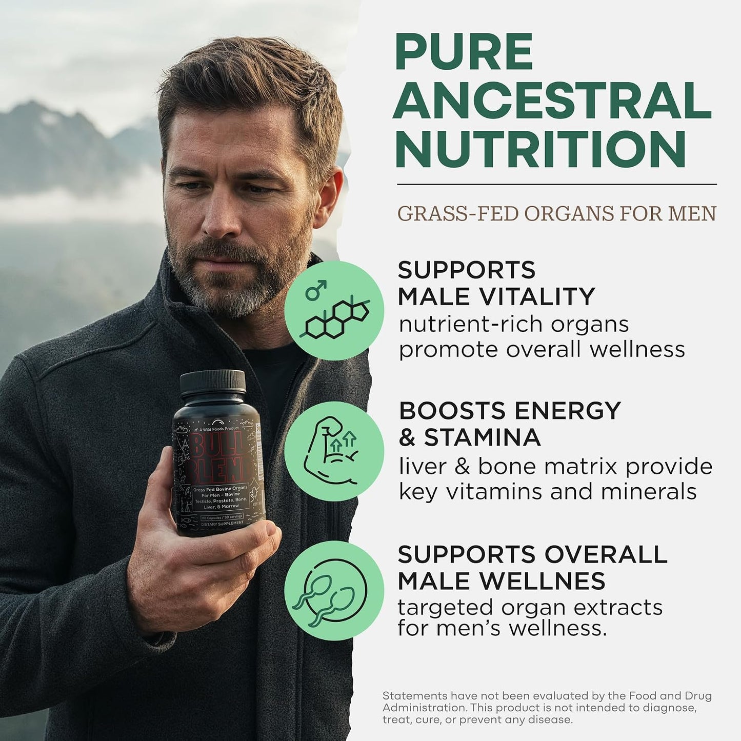 Wild Grass Fed Beef Organ Supplement for Men - Complete Ancestral Nutrition Complex with Beef Liver, Testicle, Prostate & Bone Matrix - Organ Meat Supplements - 30 Day Supply