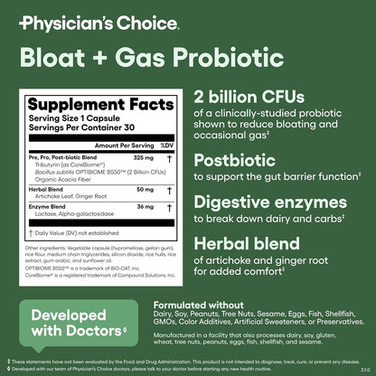 Physician's CHOICE Bloat Bundle: Bloat & Gas Probiotic 30ct + Digestive Enzymes 60ct