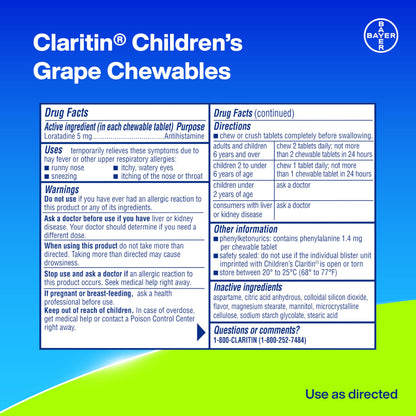 Claritin Children's Allergy Medicine, 24-Hour Non-Drowsy Loratadine 5mg Chewable Tablet, Antihistamine for Kids Ages 2 Years and Older, Grape Flavored, Dye-free, 40 Tablets Claritin buy supplements Au