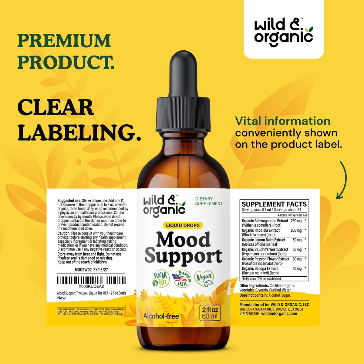 Wild & Organic Mood Support Drops - Good Mood Supplements w/Ashwagandha Root & Rhodiola Rosea - Natural Liquid Drops for Positive Energy - Calm and Relax Supplements for Women and Men - 2 oz