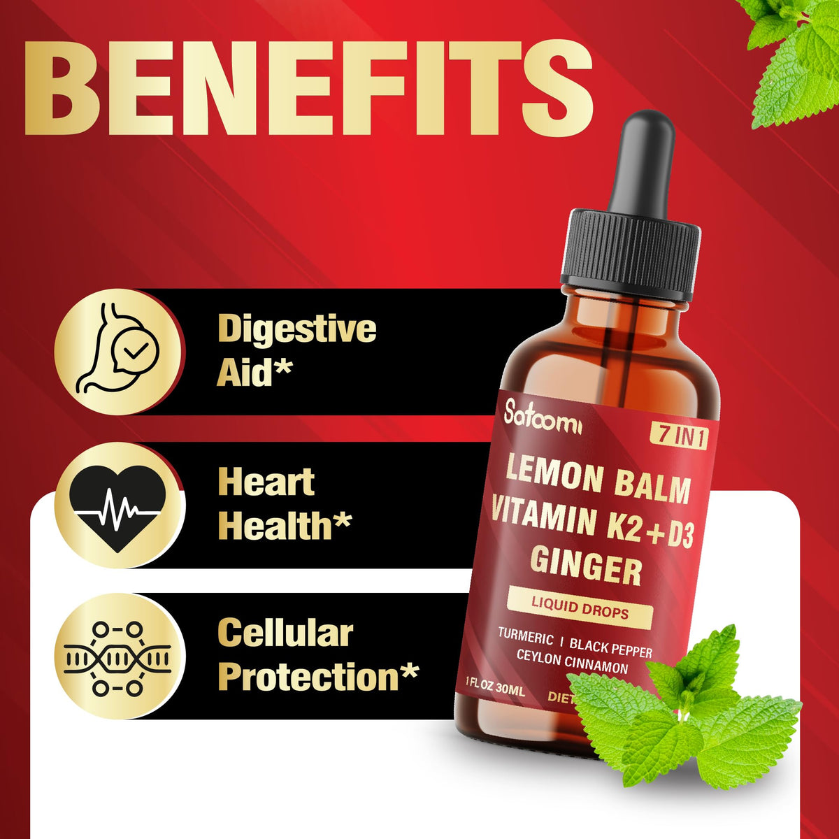 Satoomi 7in1 Lemon Balm Tincture with Vitamin D3, Vitamin K2, Ginger Root, Turmeric, Ceylon Cinnamon and Black Pepper - 1 FL Oz - 60 Day Supply SatoomiBuy Supplements Australia