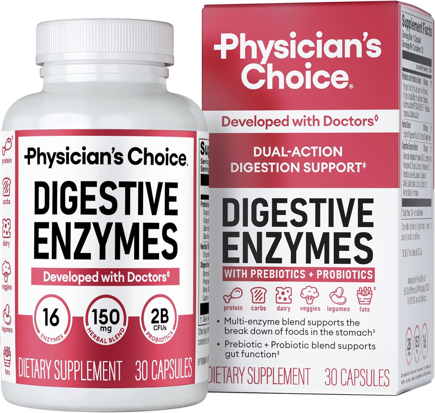 Physician's CHOICE Digestive Enzymes for Bloating & Digestion - Fast-Acting 16 Enzyme Formula with Organic Prebiotics & Probiotics for Gut & Digestive Health - Meal Time Discomfort Relief - 30 CT