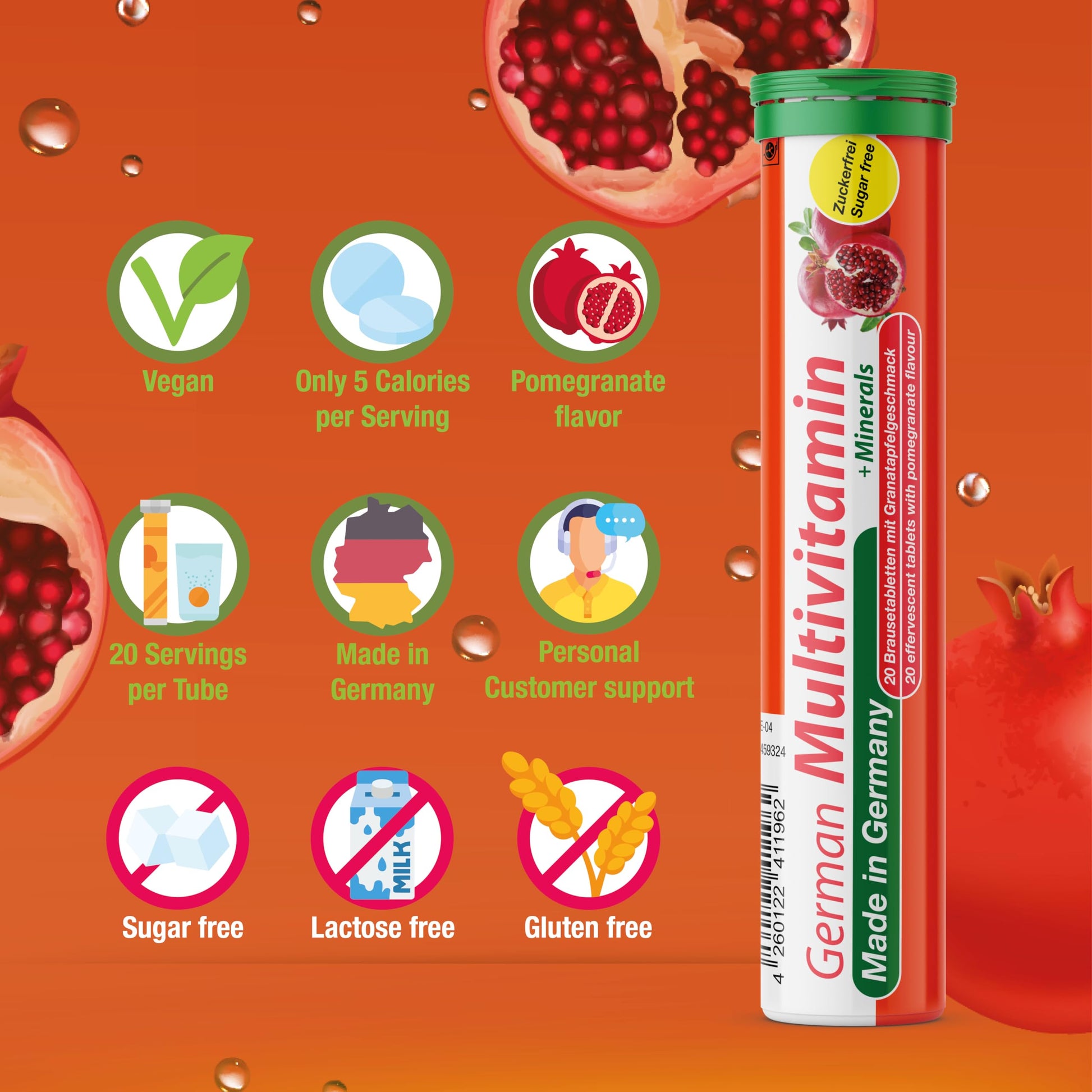 T&D German Multivitamin + Mineralien Drink Effervescent Tablets 60 Servings Pomegranate Flavour – 10 Vitamins + 2 Minerals – Made in Germany T&D buy supplements Au